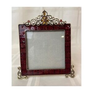 Sunflower Designs Red Enamel Brass Ornate Picture Frame Amber Crystal 3.75x3.75